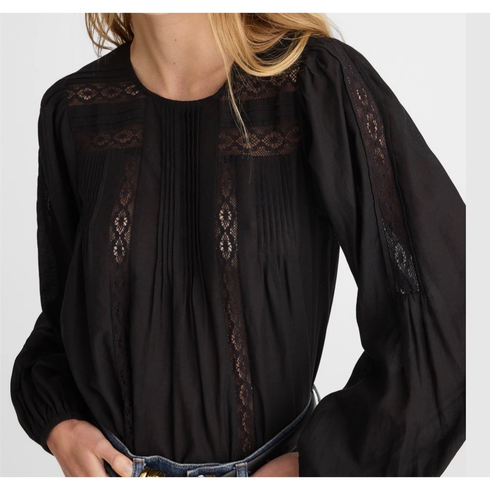 Madewell Black Lace-Insert Pintuck Long Sleeve Blouse Womens Size S NWT NW717 - Picture 4 of 13